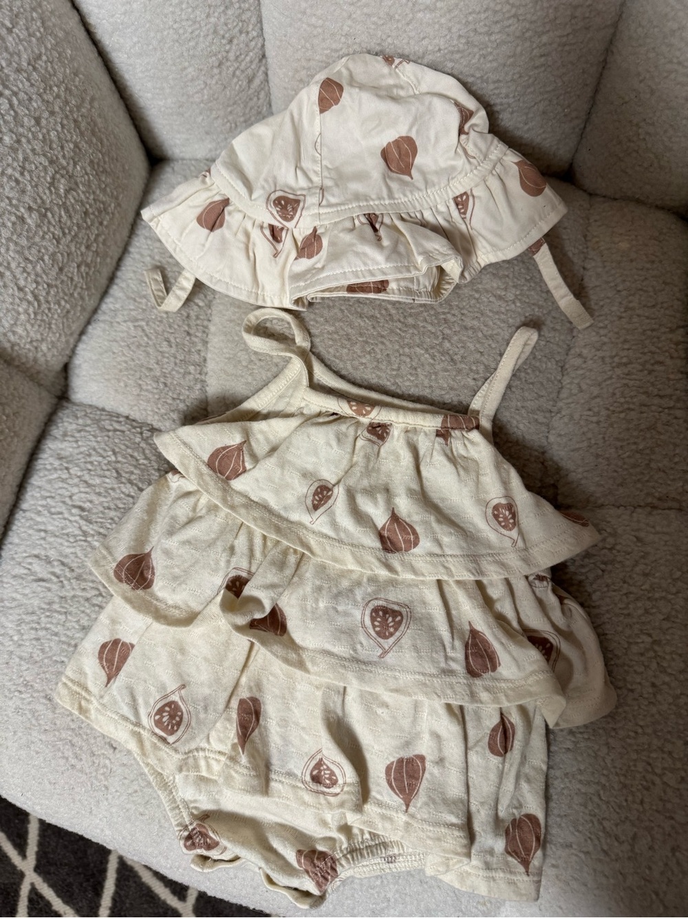 Cream Ruffle Baby One-Piece Bodysuit with Matching Sun Hat